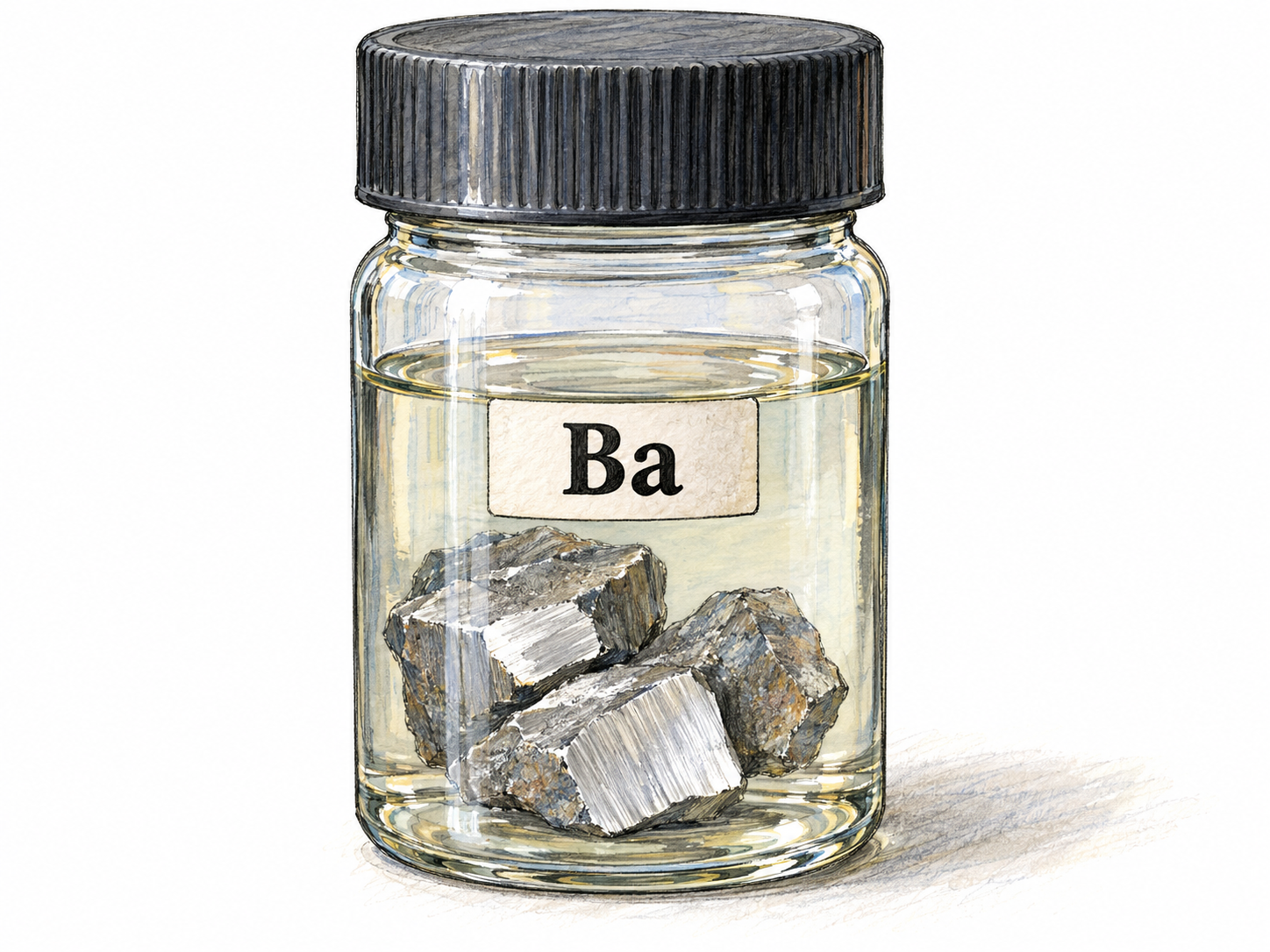 A sealed laboratory specimen vial containing freshly cut, silvery barium metal beneath clear protective mineral oil, identified by the small intrinsic chemical marking “Ba.”.