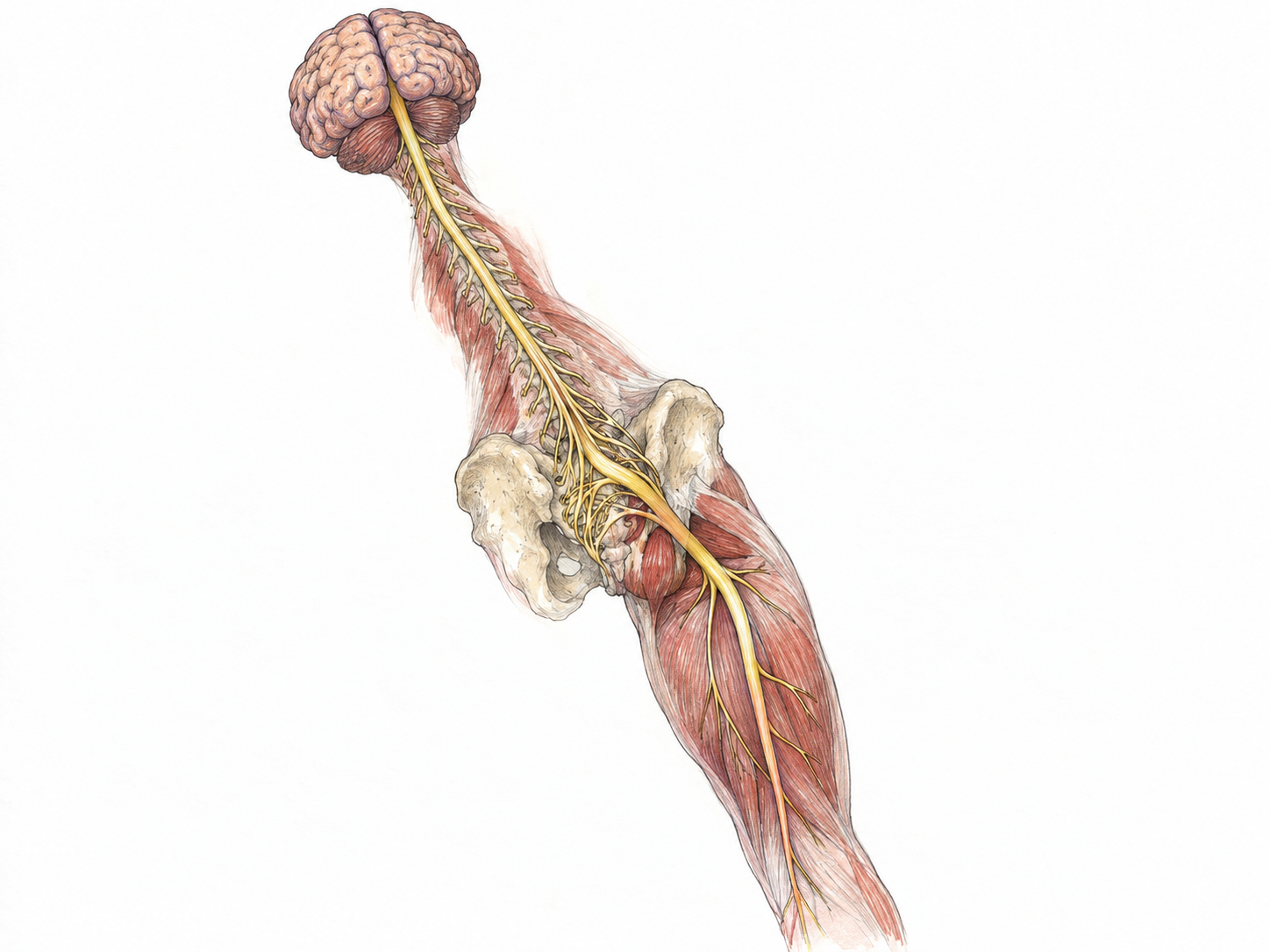 An isolated posterior anatomical specimen showing a brain and spinal cord above a translucent pelvis and upper leg, with one prominent peripheral nerve emerging from lumbar and sacral roots and continuing down the thigh.
