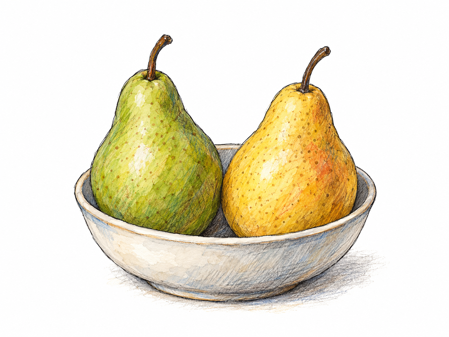Exactly two ripe pears nestled side by side in one small shallow bowl, visibly treated as a single pair.