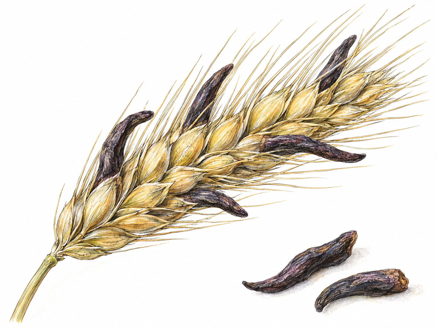 Close botanical view of a rye ear infected with ergot: conspicuous elongated, curved purple-black fungal bodies replace several ordinary kernels and project outward like spurs.