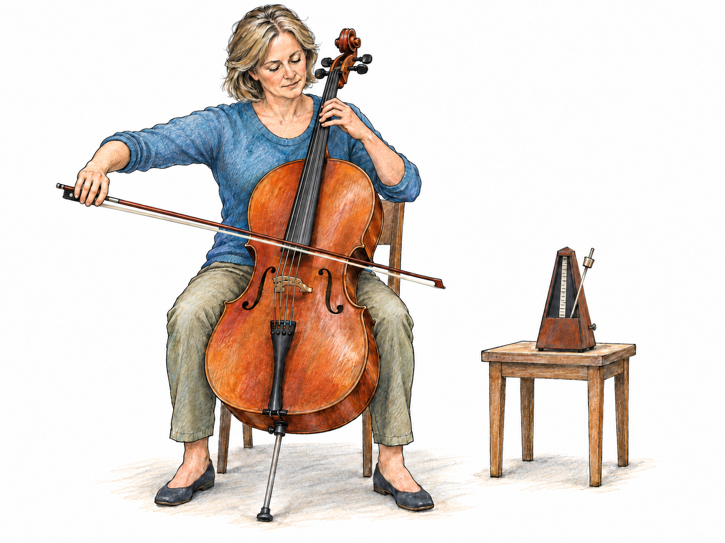A middle-aged woman plays a cello with a long, unhurried bow stroke beside a mechanical metronome whose sliding weight sits high on its pendulum, indicating a slow musical tempo.