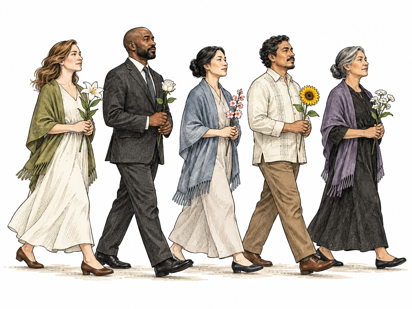 An orderly ceremonial line of adults walks together carrying simple flower stems, formal calm procession, no banners or text.