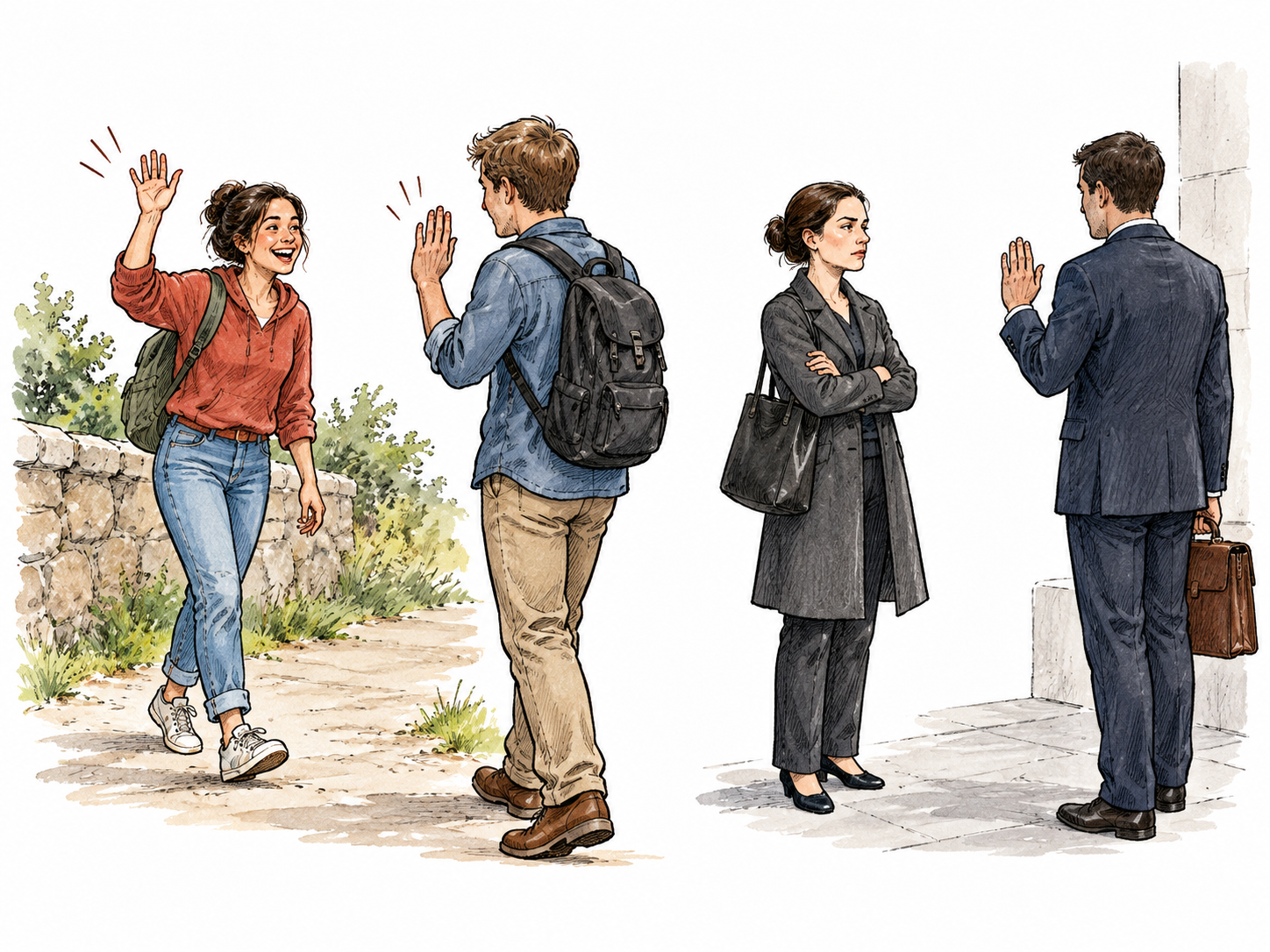 Same short greeting in two small scenes: warm open expression and stern closed expression.