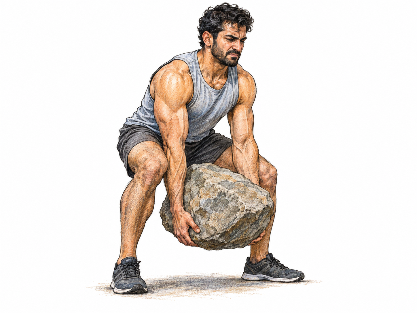 A sinewy young man lifts a heavy stone from the ground, with visibly tense forearms, shoulders and legs making muscular force the unmistakable focus.