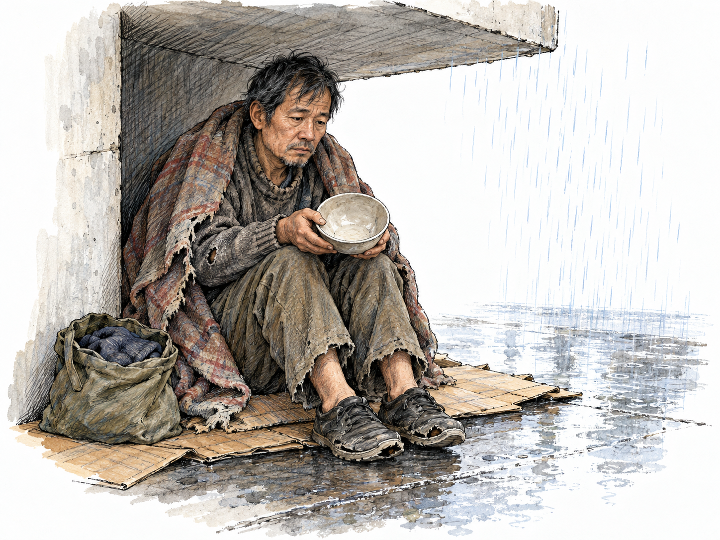 A man sheltering on flattened cardboard beneath a small concrete overhang, with an empty food bowl, badly worn shoes and only a thin torn blanket against cold rain.
