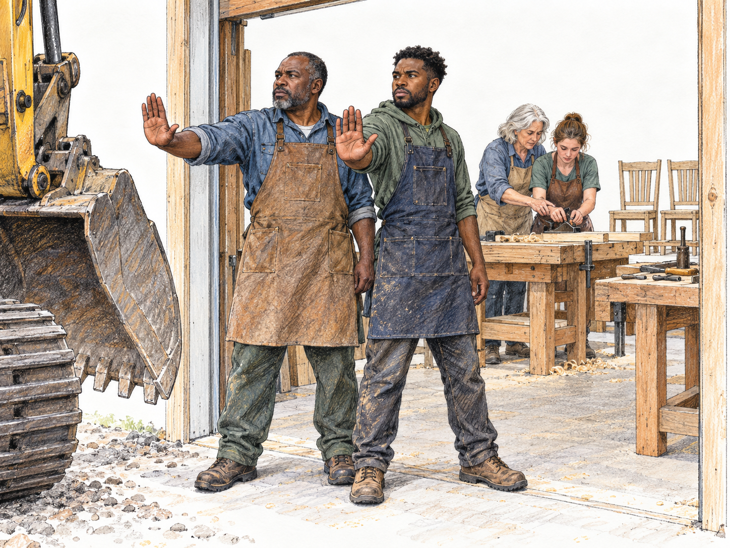 Workers block a demolition machine while craft teaching continues behind them.
