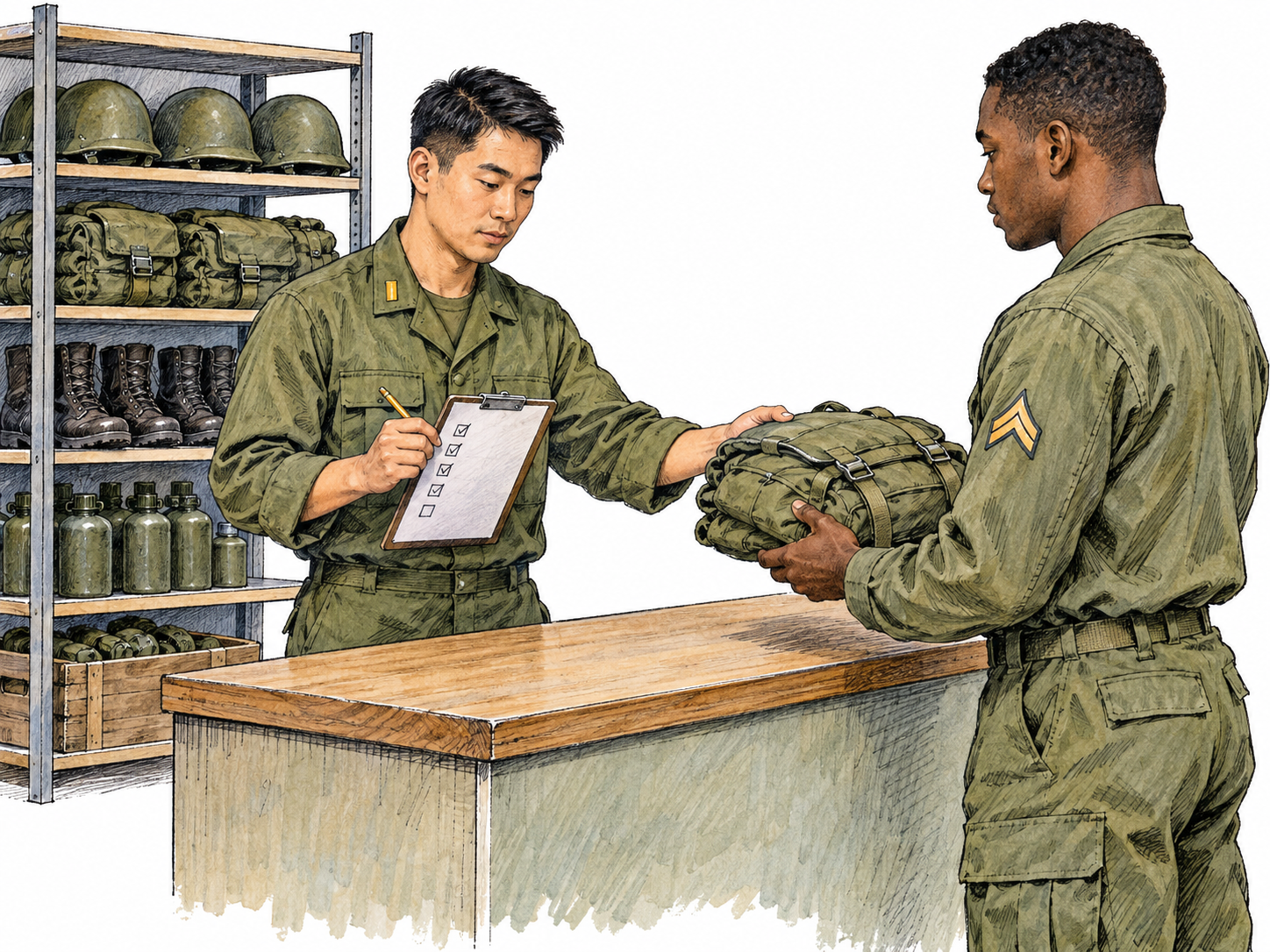 A uniformed military supply officer checks organized stocks and issues a field pack to a soldier across a supply counter.