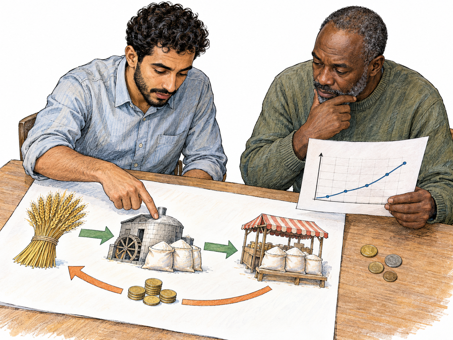 Two researchers study a simple economic flow diagram connecting limited raw materials, production, traded goods, and money, comparing it with plotted data.
