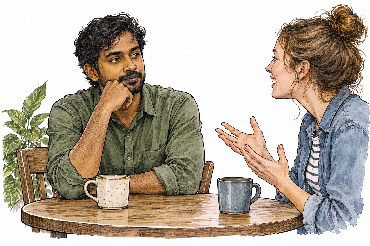 A quiet South Asian adult listens thoughtfully during a friendly conversation, giving little away.