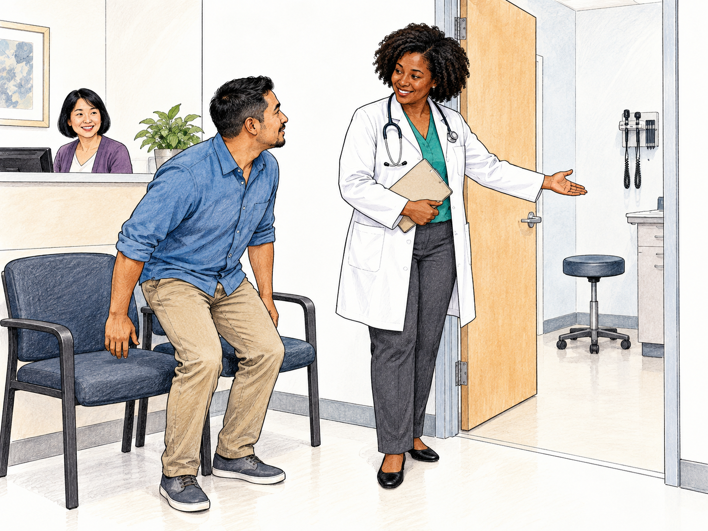 Compact outpatient clinic vignette: doctor calls seated fully clothed patient from two waiting chairs toward open exam-room doorway with simple examination stool; no beds or text.