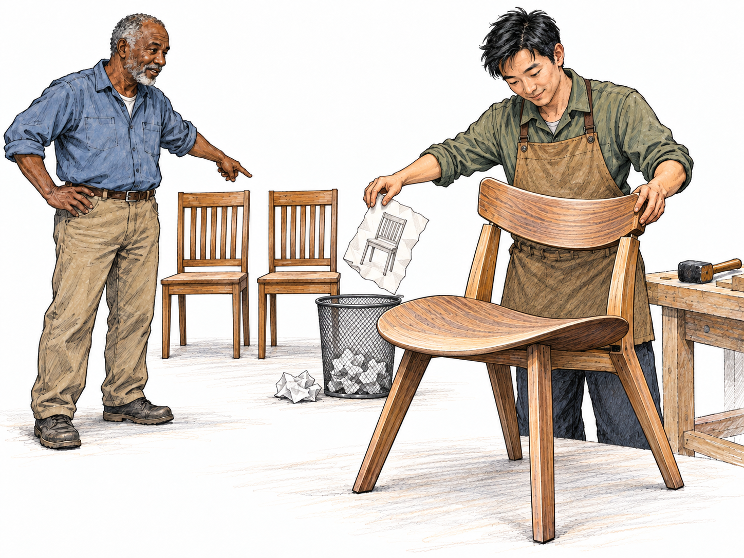 In a furniture-design workshop, an independent designer rejects the established chair pattern and builds his own visibly different design.