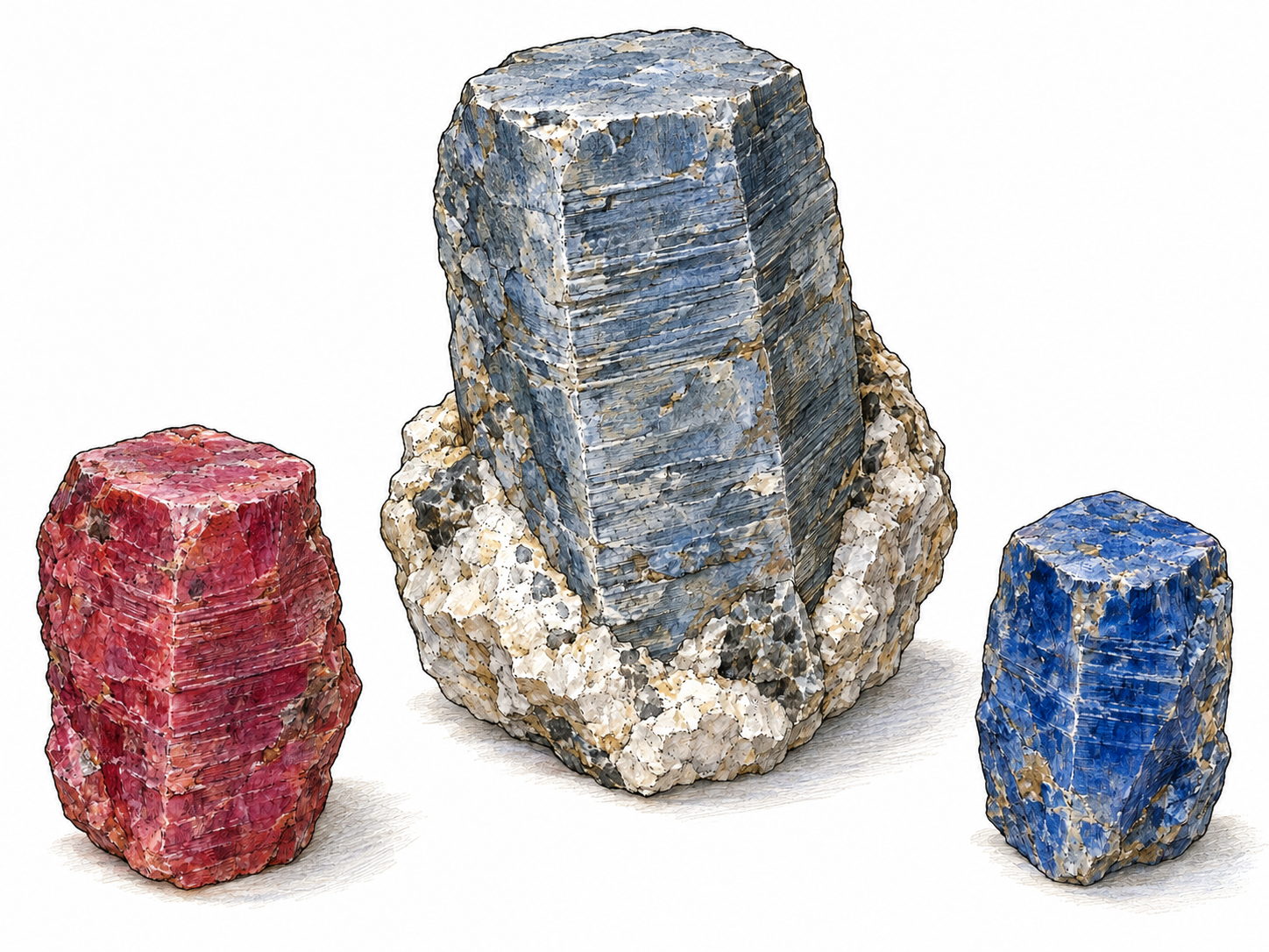 A close mineral-specimen study of rough corundum: a prominent gray-blue, barrel-shaped hexagonal crystal embedded in a small piece of pale matrix, with loose natural ruby-red and sapphire-blue corundum crystals beside it.