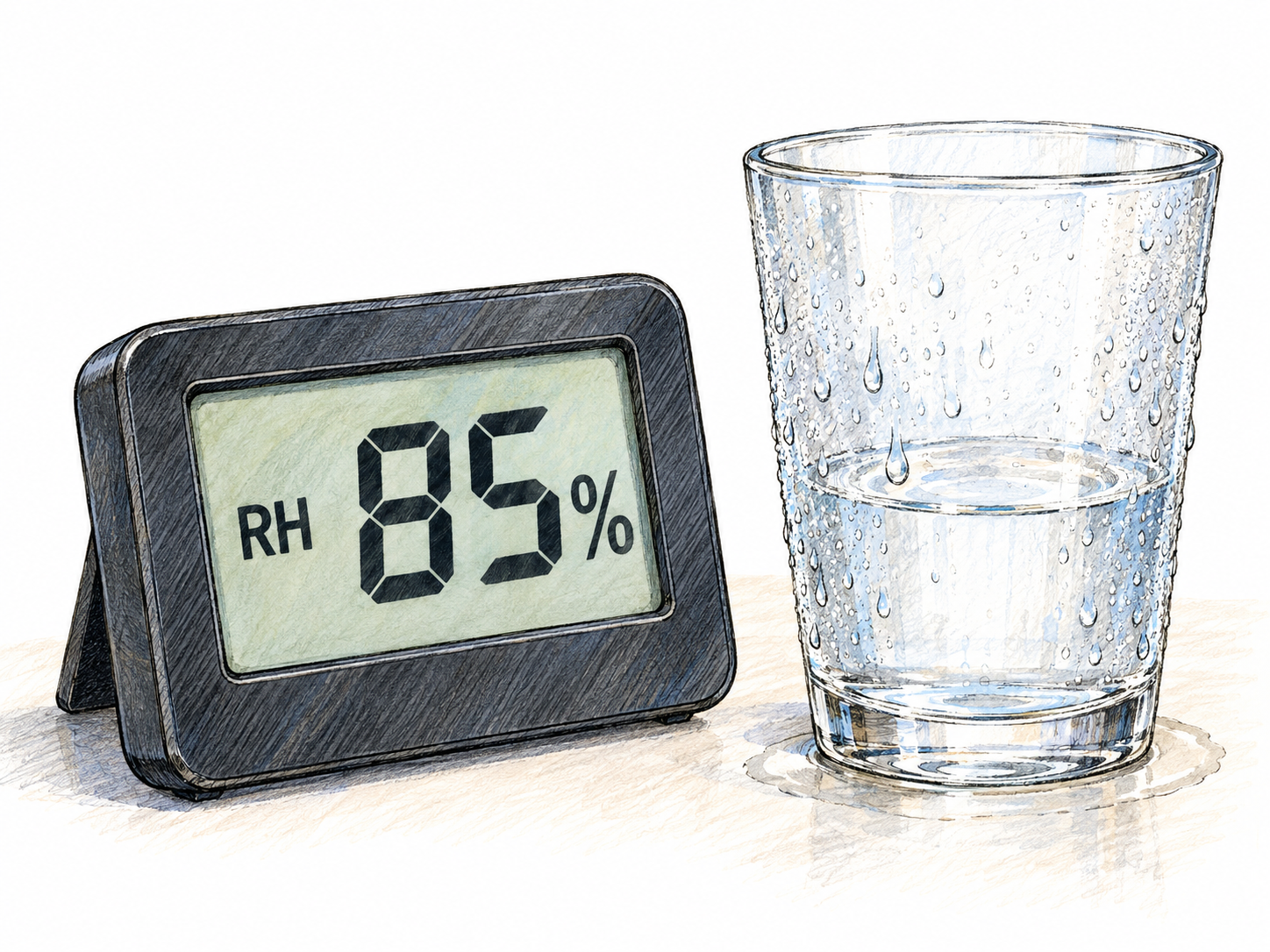 A close view of a digital hygrometer displaying high relative humidity, with condensation beading on a chilled glass beside it.
