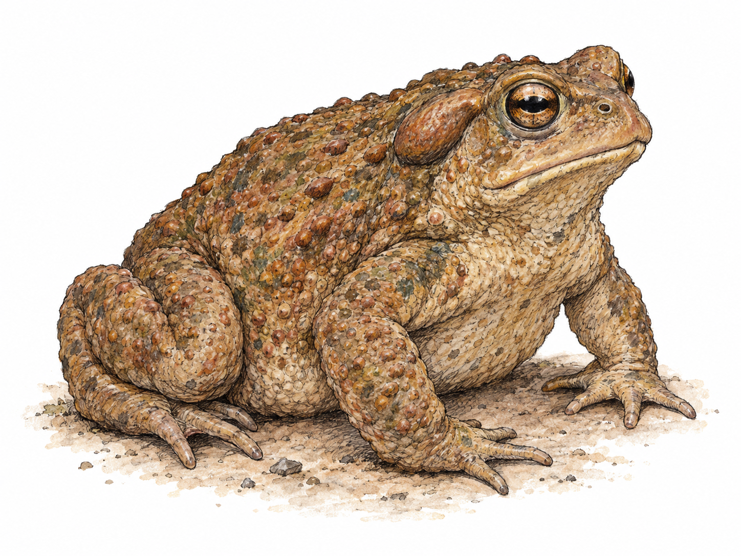 One squat toad in three-quarter side view, showing its broad body, short folded hind legs, blunt snout, and conspicuously dry, warty skin.