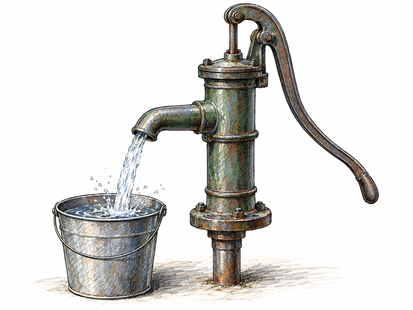 An isolated hand-operated water pump with its recognizable long lever, cylindrical body and curved spout releasing water into a plain bucket.