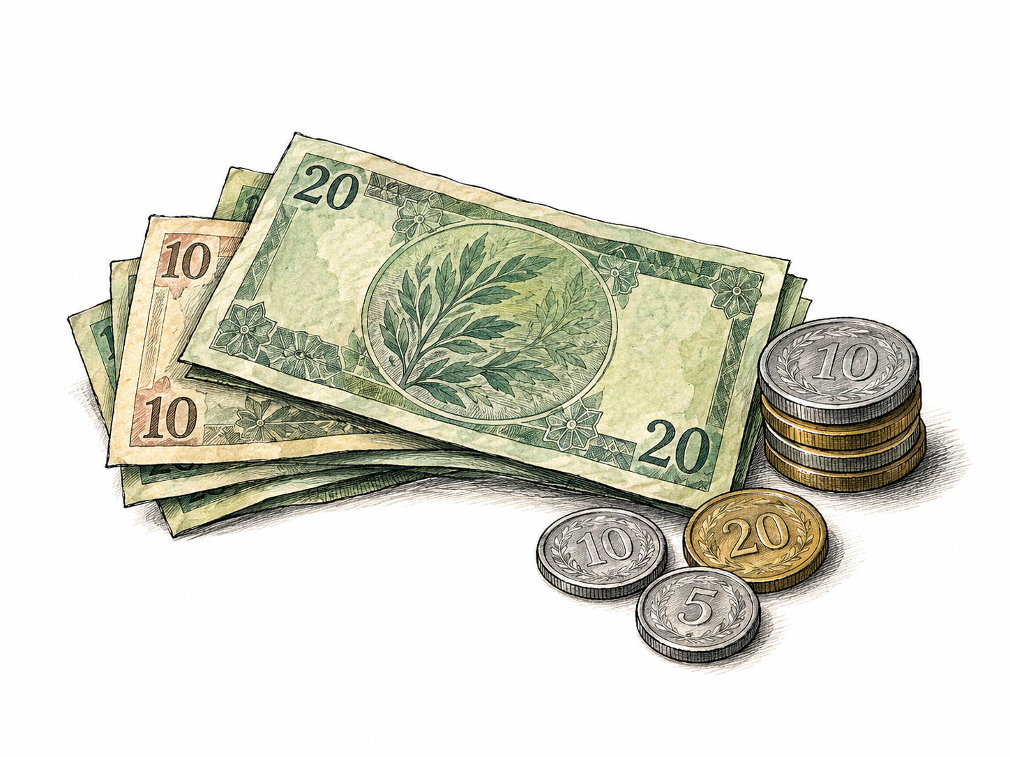 A small fan of generic paper banknotes beside a short stack and three loose metallic coins.