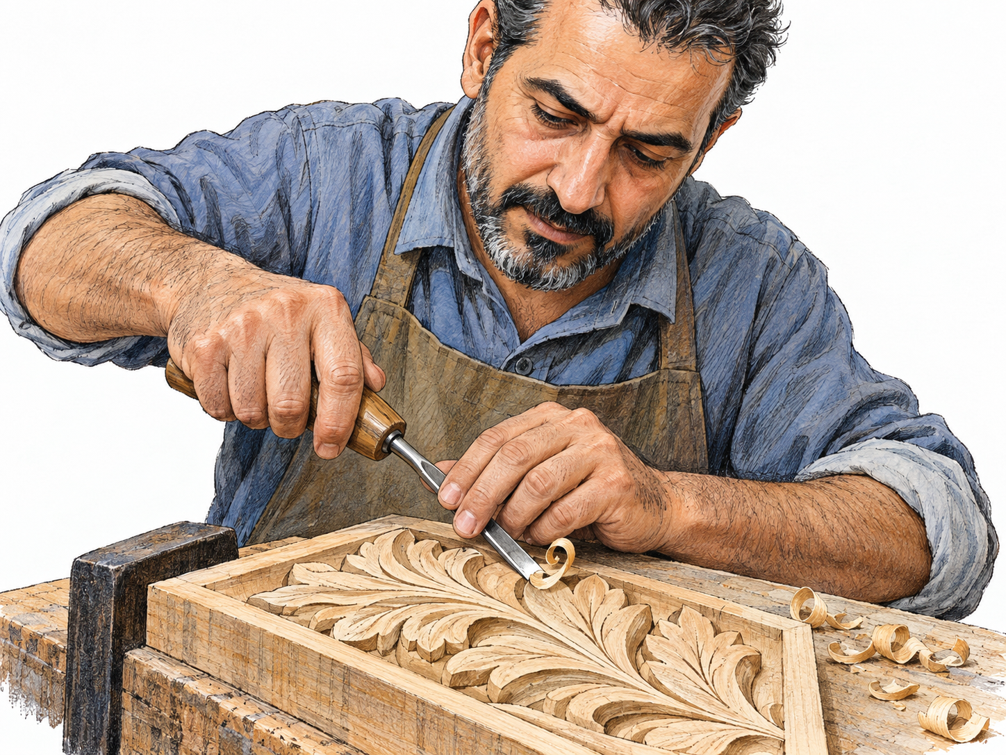 A skilled woodworker hand-carves a precise decorative leaf into a small wooden panel.