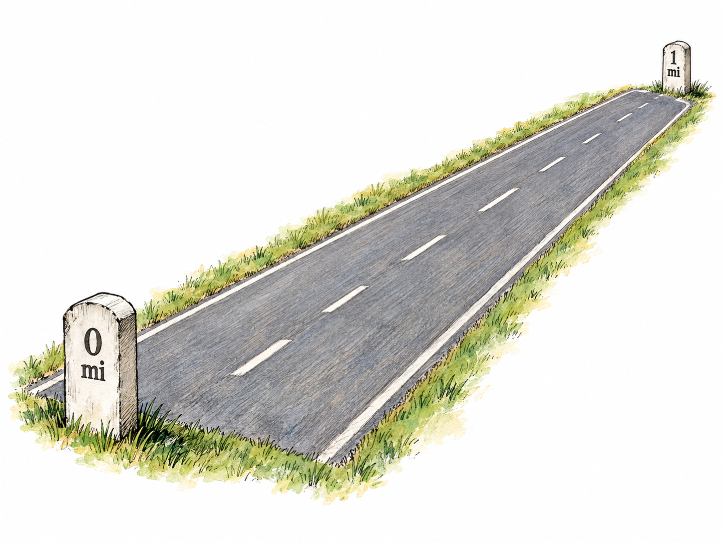 A straight stretch of road bounded by two matching mileposts marked “0 mi” and “1 mi,” making one mile a visible interval rather than an abstract number.