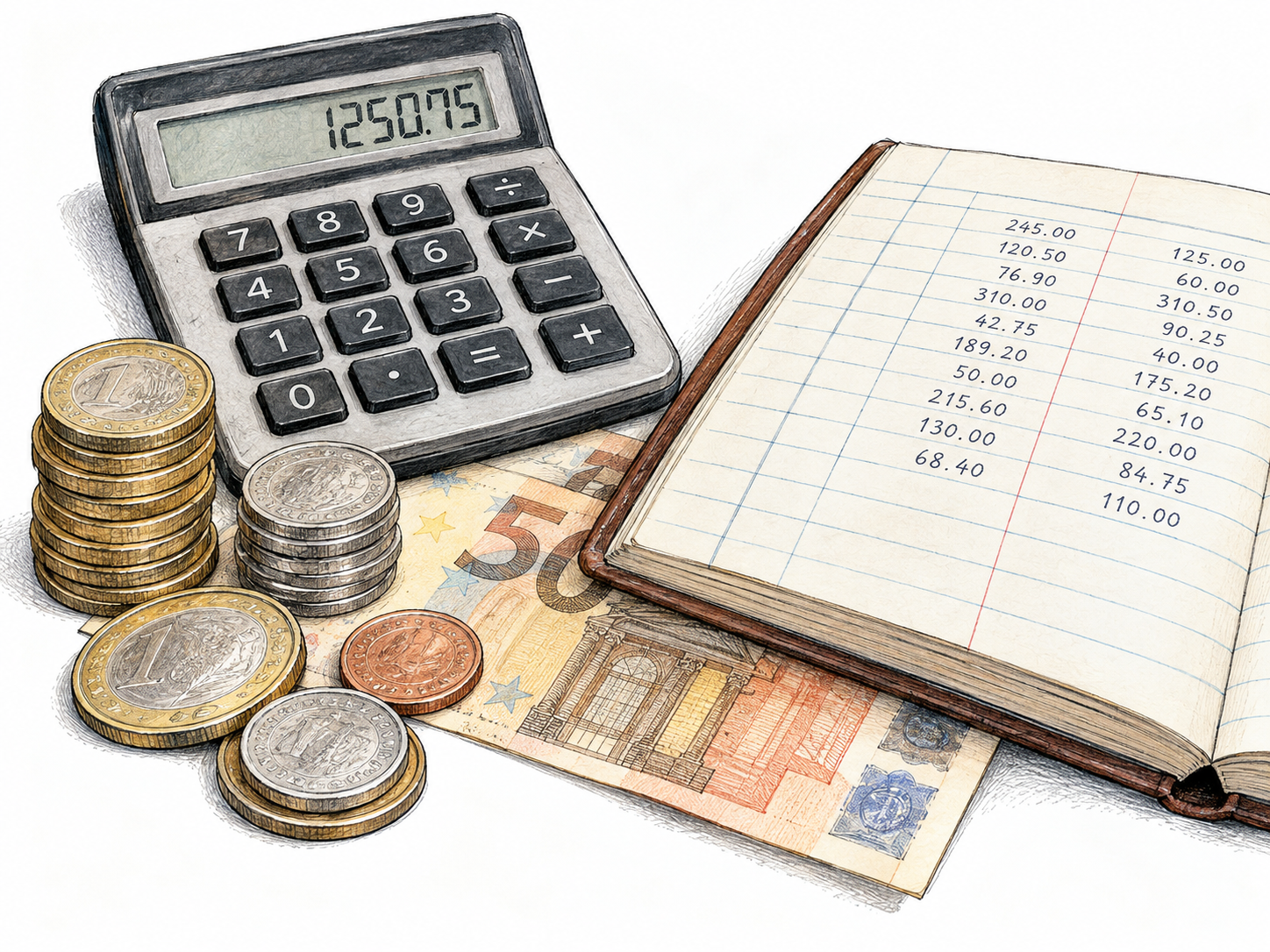 Close still life of coins, simple calculator with necessary digits, and an unlabelled banknote partially under a plain ledger with columns of small numerical sums only; focus financial matters.