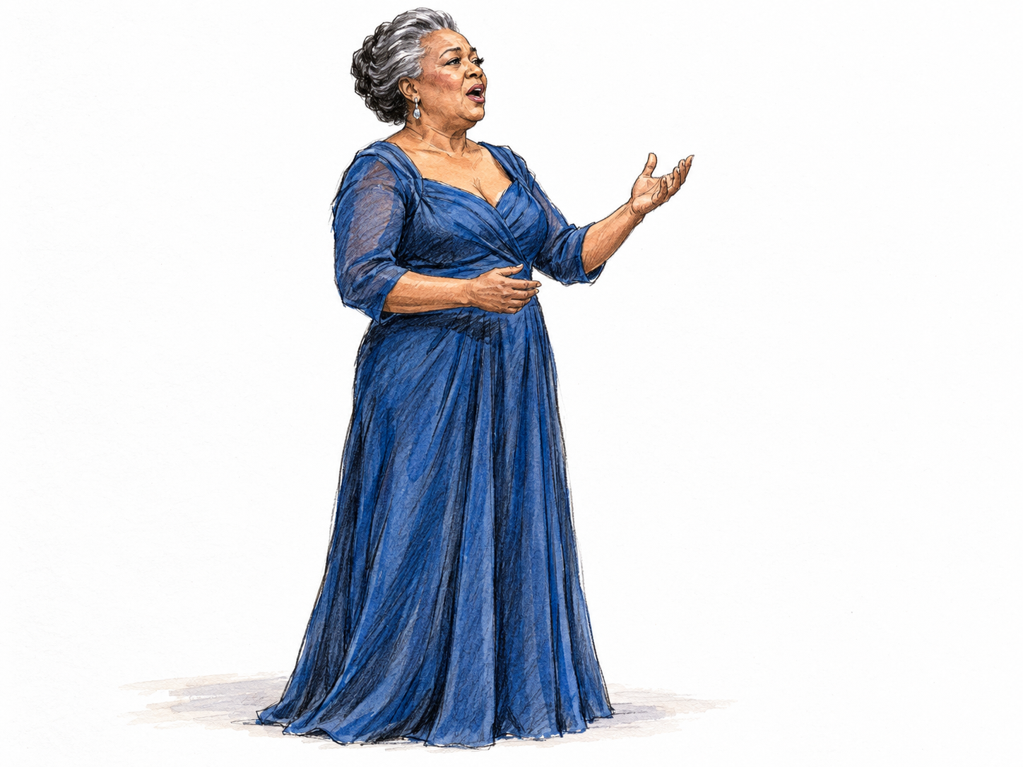 An older Black female mezzo singer performs a sustained phrase in a simple contemporary recital setting.