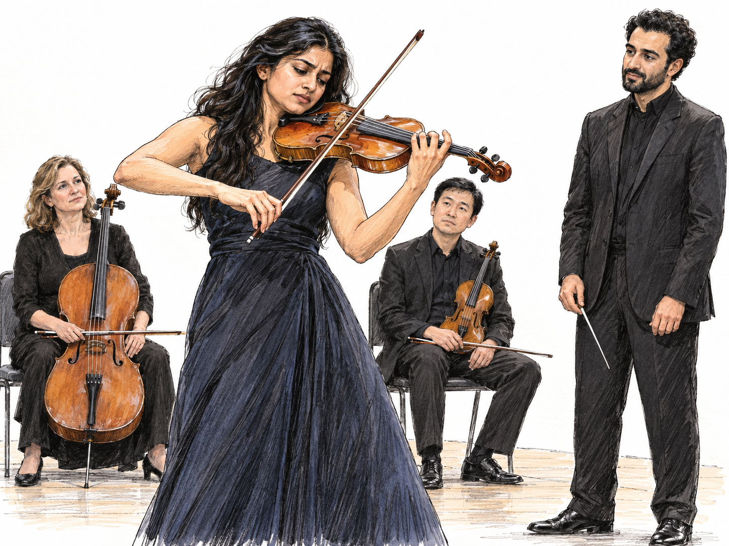 A violin soloist plays an animated virtuoso flourish while the conductor and accompanying string players visibly wait with their hands and instruments at rest.