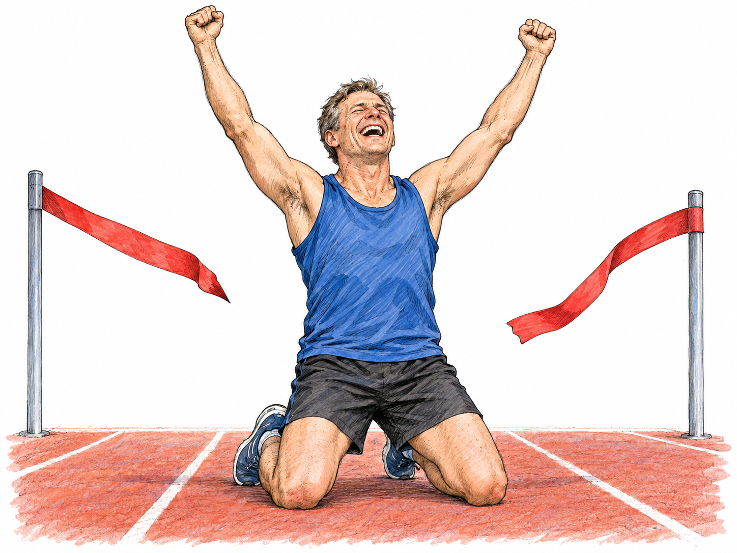 A runner drops to his knees just beyond a broken finish ribbon, fists raised and face radiant with overwhelming joy; the extreme celebratory posture makes this more than ordinary satisfaction.
