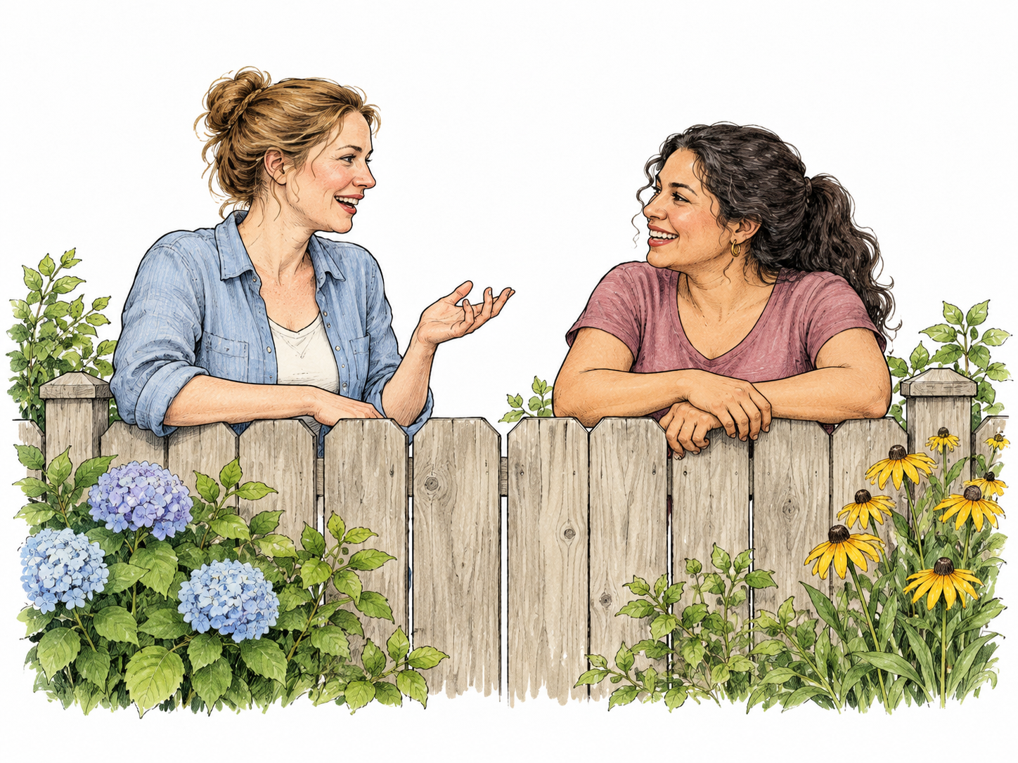 Adult chats amiably with neighbor over garden fence, relaxed smiles and shared attention, no signage.