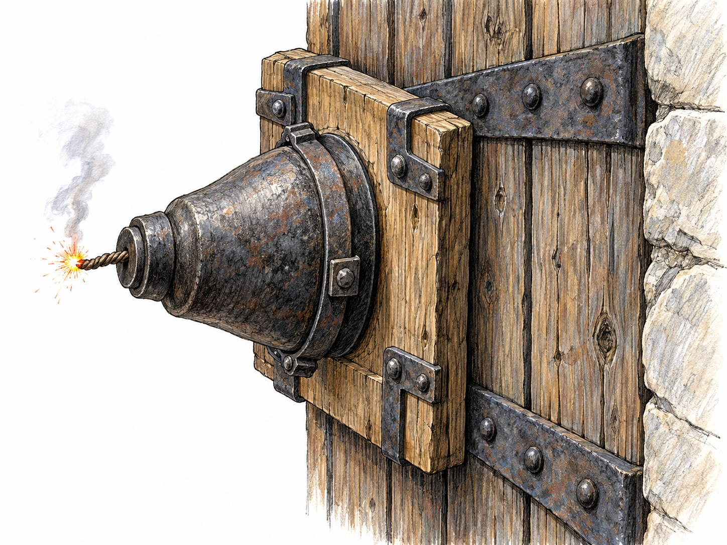 A historical bell-shaped metal petard secured against a heavy timber fortress gate, with its short fuse visibly sparking.