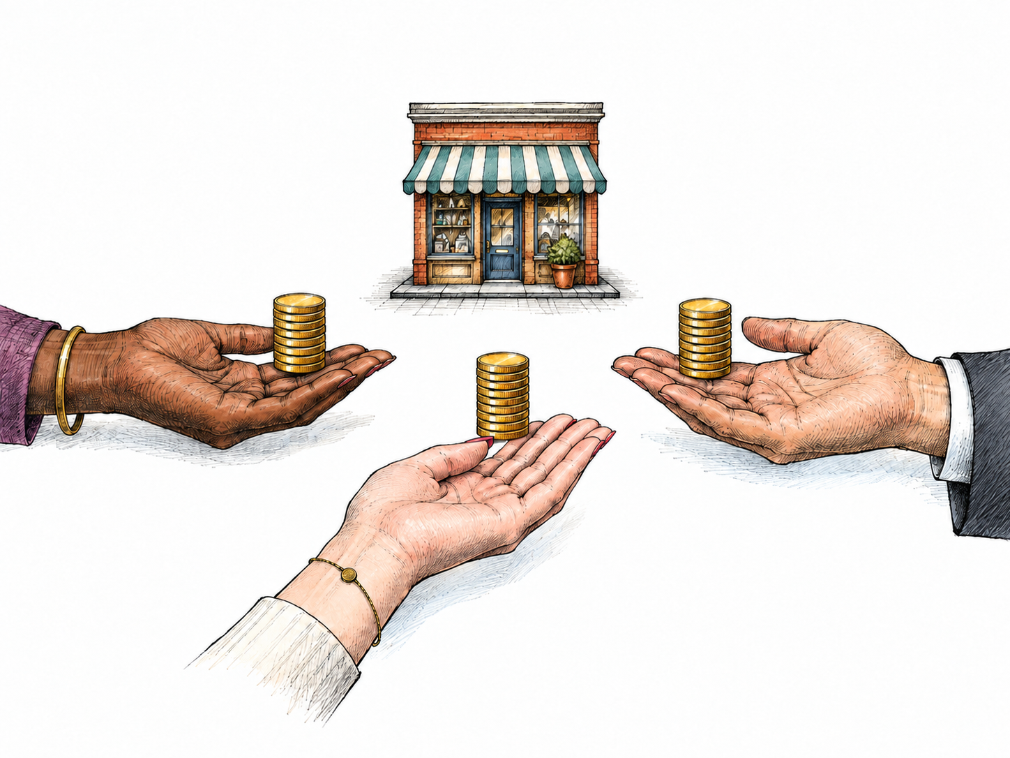 Small company storefront model at center sends three equal neat coin piles to three shareholders' open palms around it, profit distribution clear; tiny storefront only, no labels, arrows or financial figures.