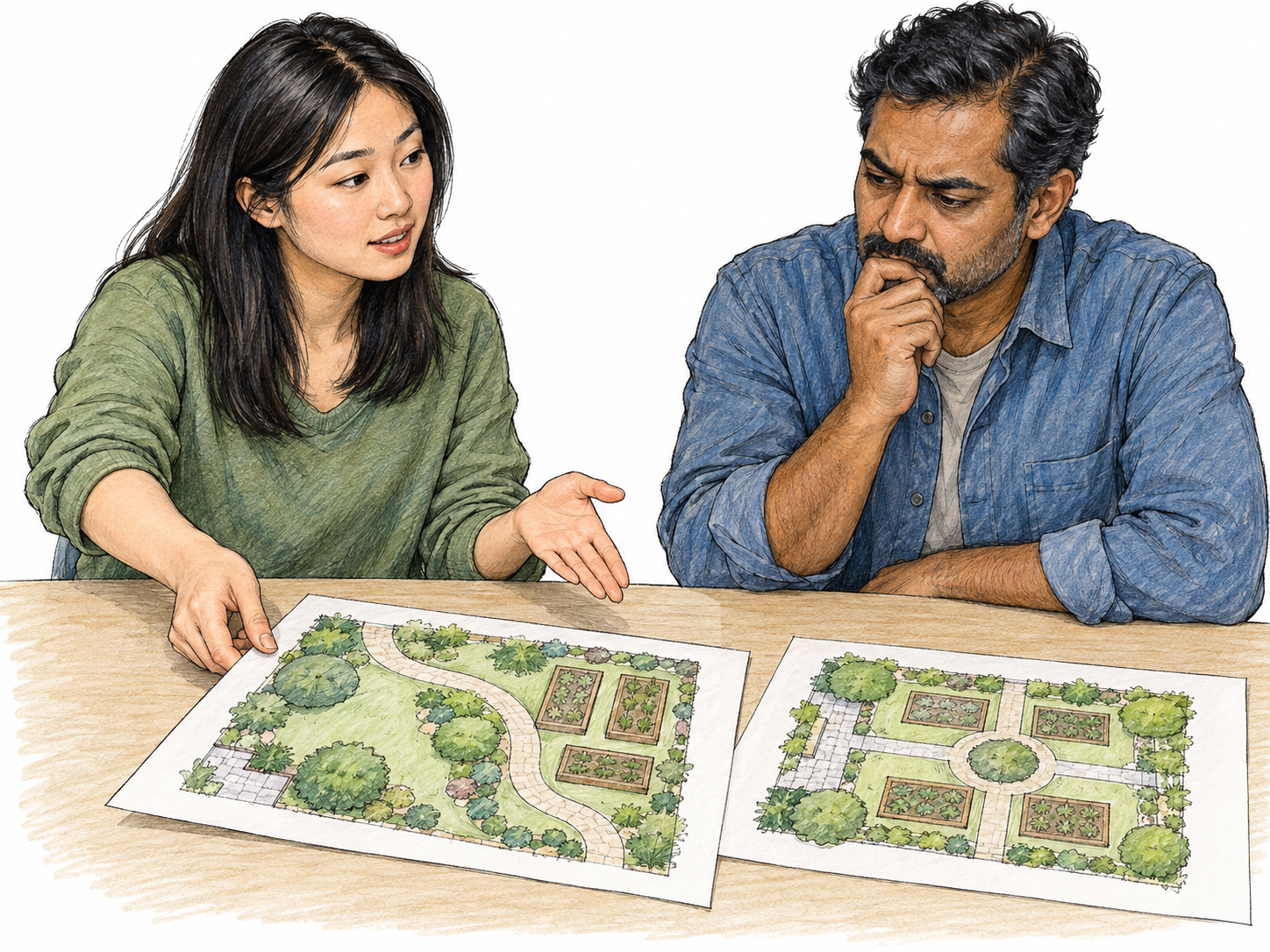 At a small planning table, a woman puts forward a loose garden-layout sketch for a colleague to consider.