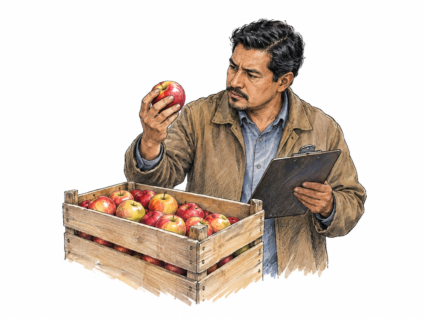 Food inspector examines an unlabelled crate of apples with clipboard angled away and focused gaze.