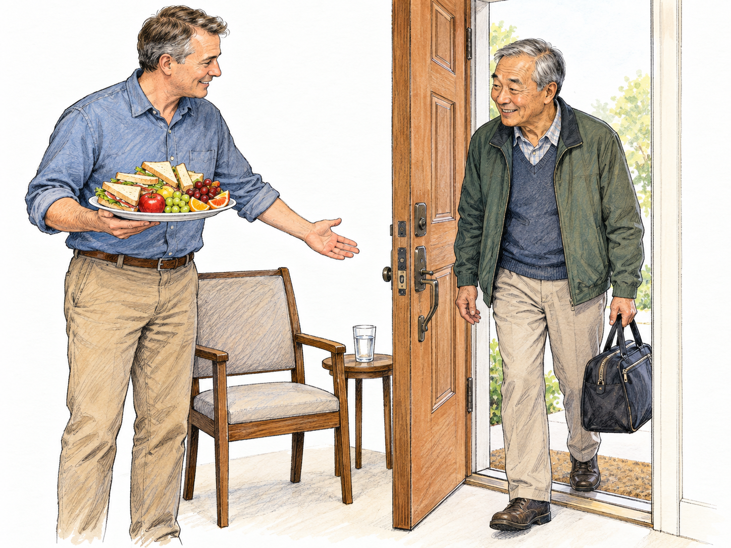 A smiling host welcomes a newly arrived guest through his open front door, offering a generous plate of food while gesturing toward a seat and a ready drink.