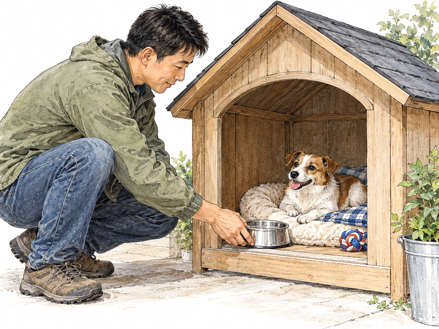 A rescued small dog rests safely in a clean sheltered kennel while caretaker gently places water bowl inside; visibly protective refuge, no cage distress or signs.