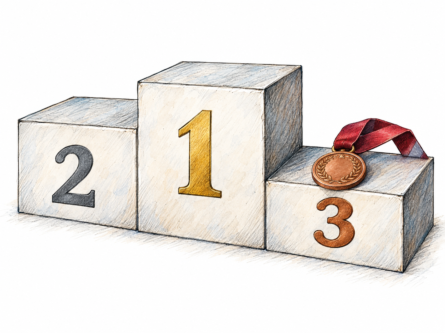 An empty winners’ podium with intrinsic rank numerals 1, 2, and 3; a bronze medal resting on the lowest, third-place block makes the selected rank the focal point.