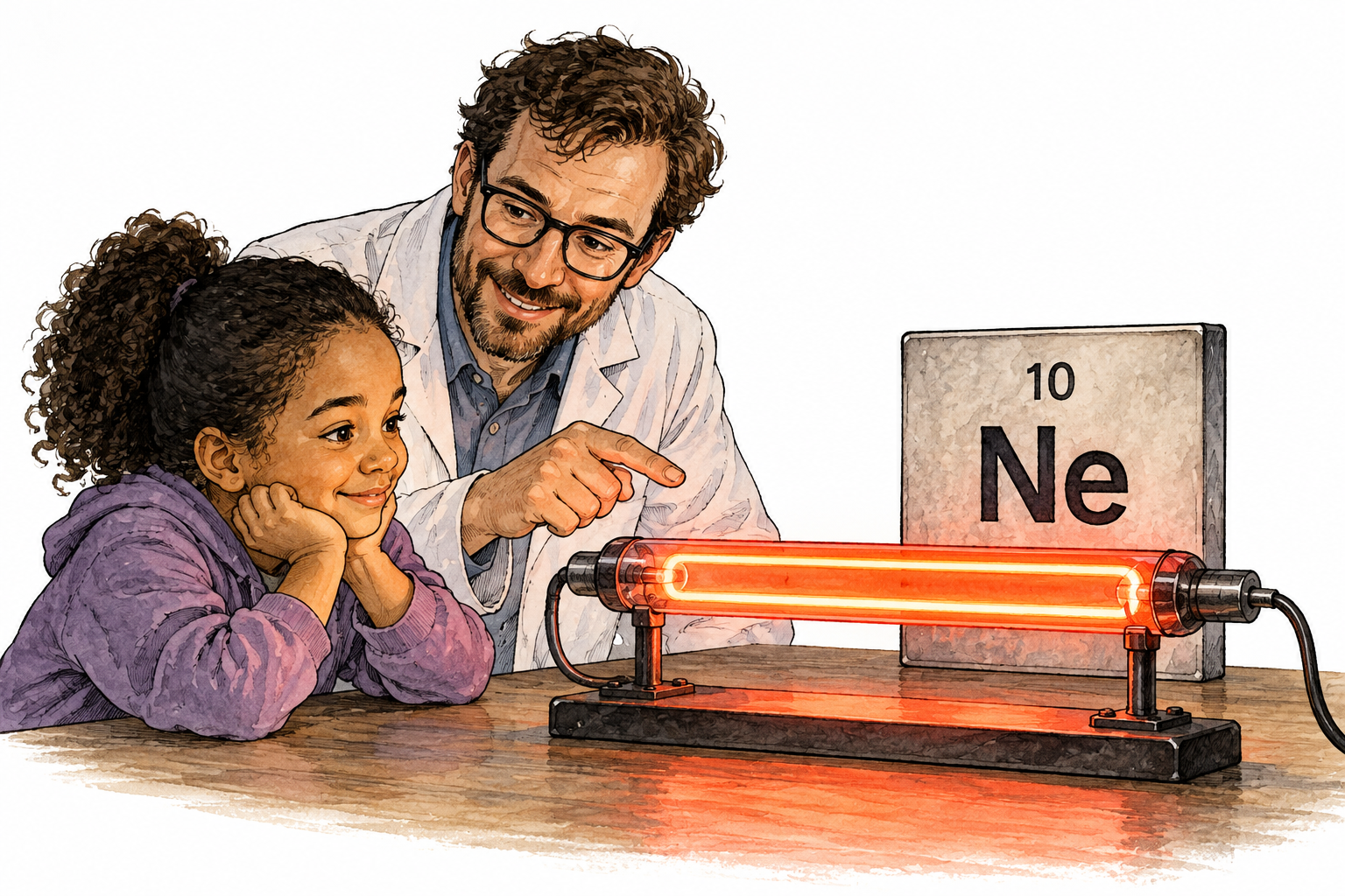 A transparent discharge tube emits neon's characteristic orange-red glow beside an element tile Ne 10, no multicolored gas claim.