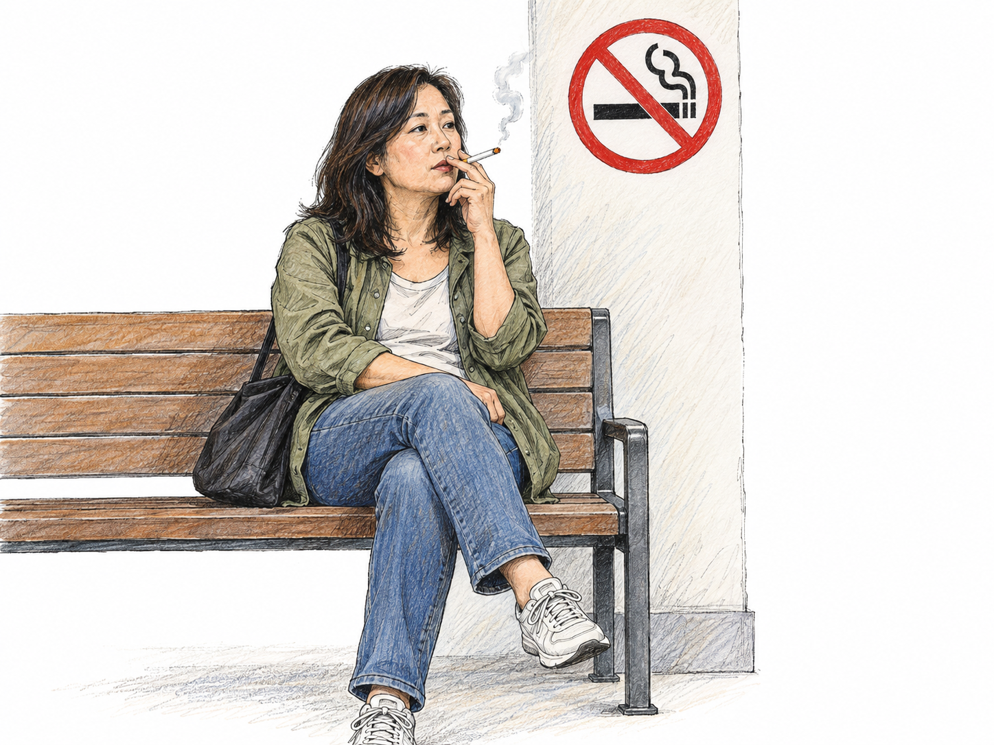 A woman smokes on a station bench directly beneath a clearly visible no-smoking pictogram, visibly violating the posted prohibition.