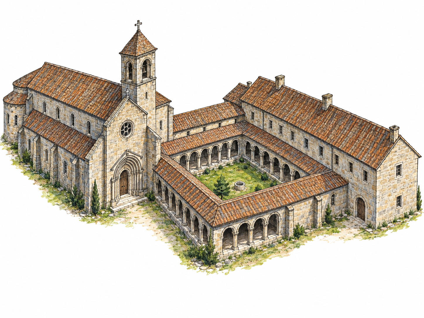 An architectural view of an abbey: a stone church physically joined to a square cloister and a modest monastic residential wing.