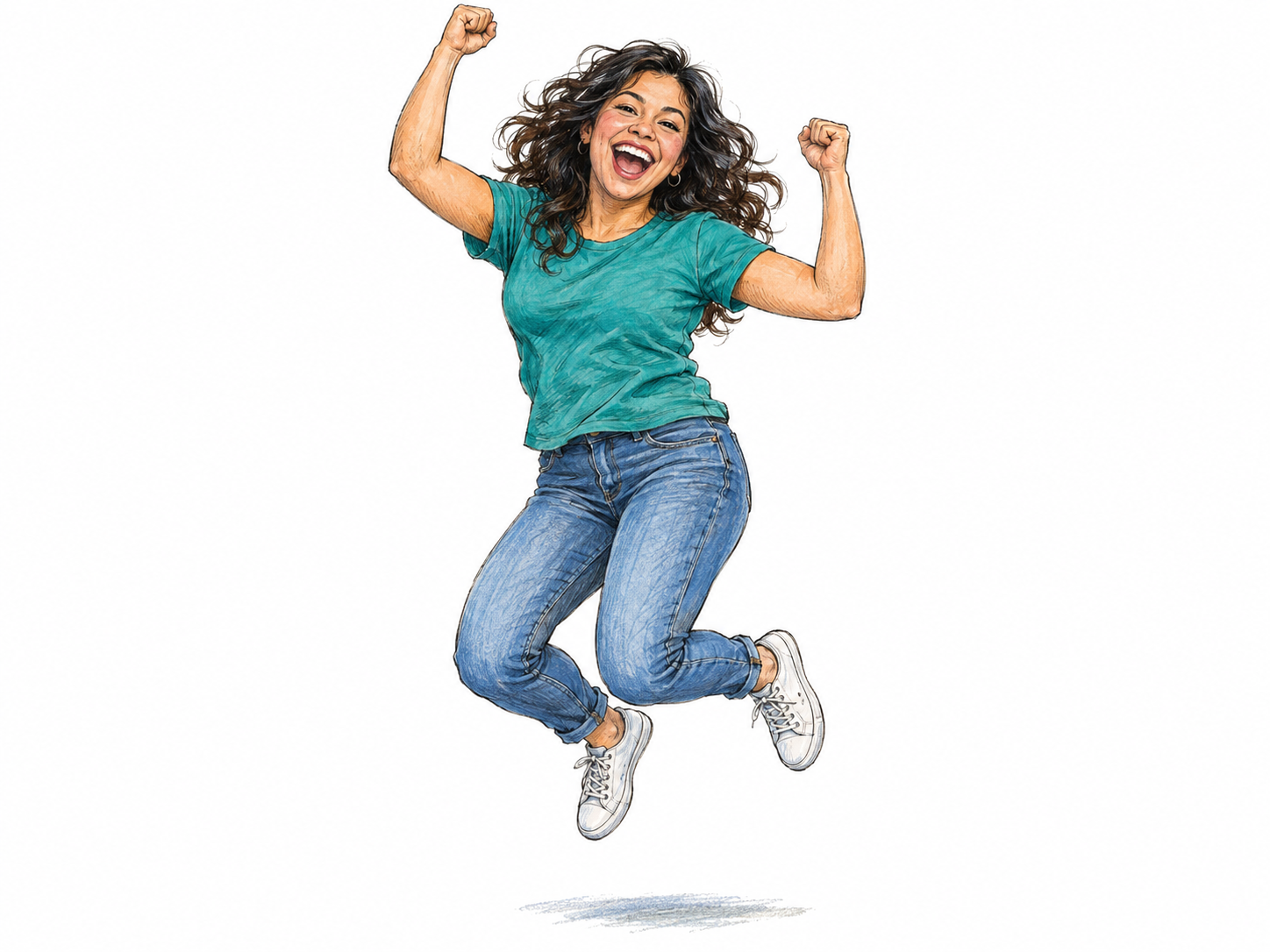 A young woman erupts in unmistakable joy, springing into the air with raised fists, a huge open-mouthed smile and eyes crinkled with delight.