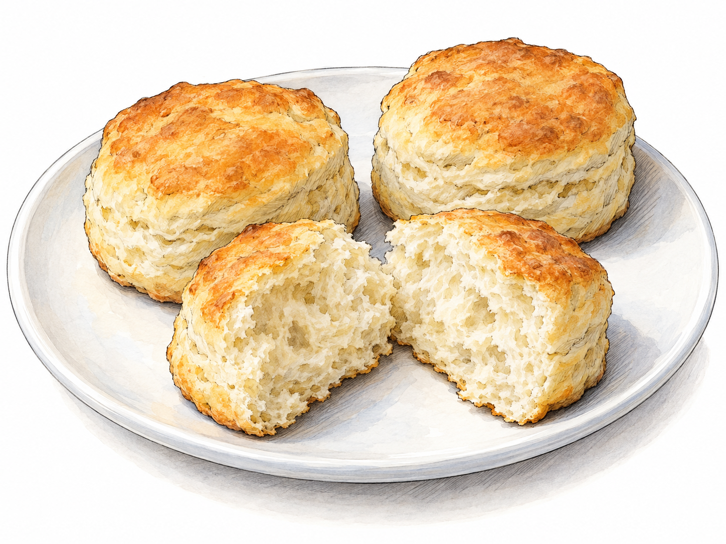 A close view of small American-style biscuits on a plain plate, with one split open to reveal its soft, airy interior beneath a lightly golden crust.