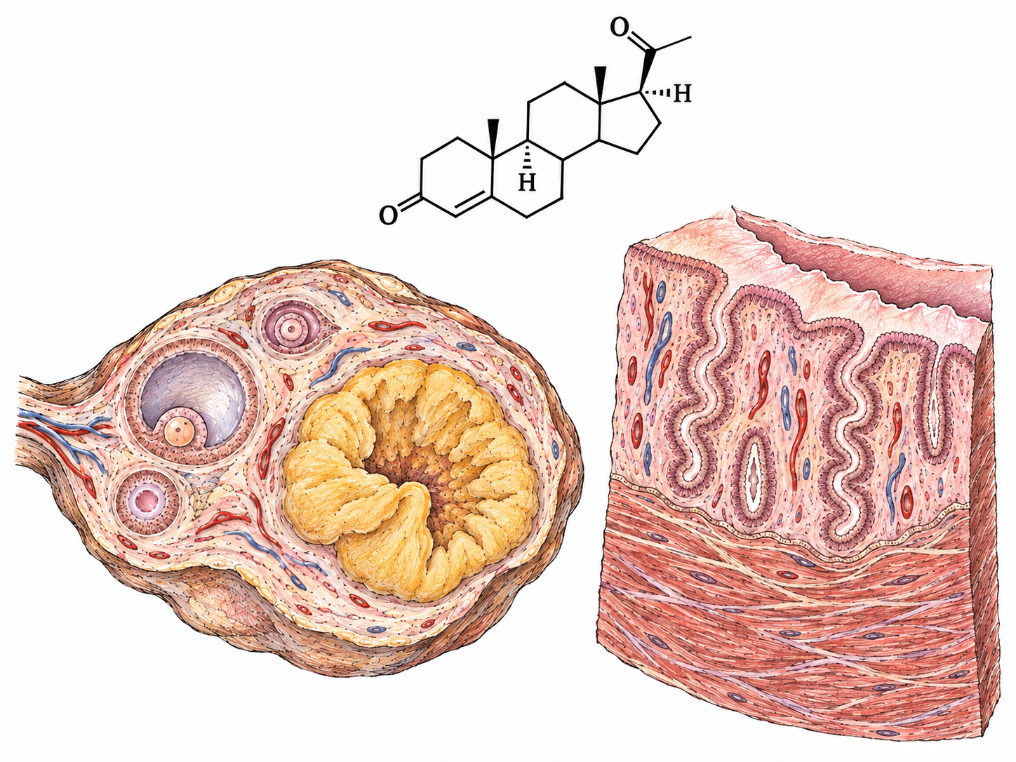 A progesterone molecular structure paired with an enlarged ovarian and uterine tissue detail, emphasizing the hormone's corpus-luteum source and supported endometrium without glossy whole-organ rendering.