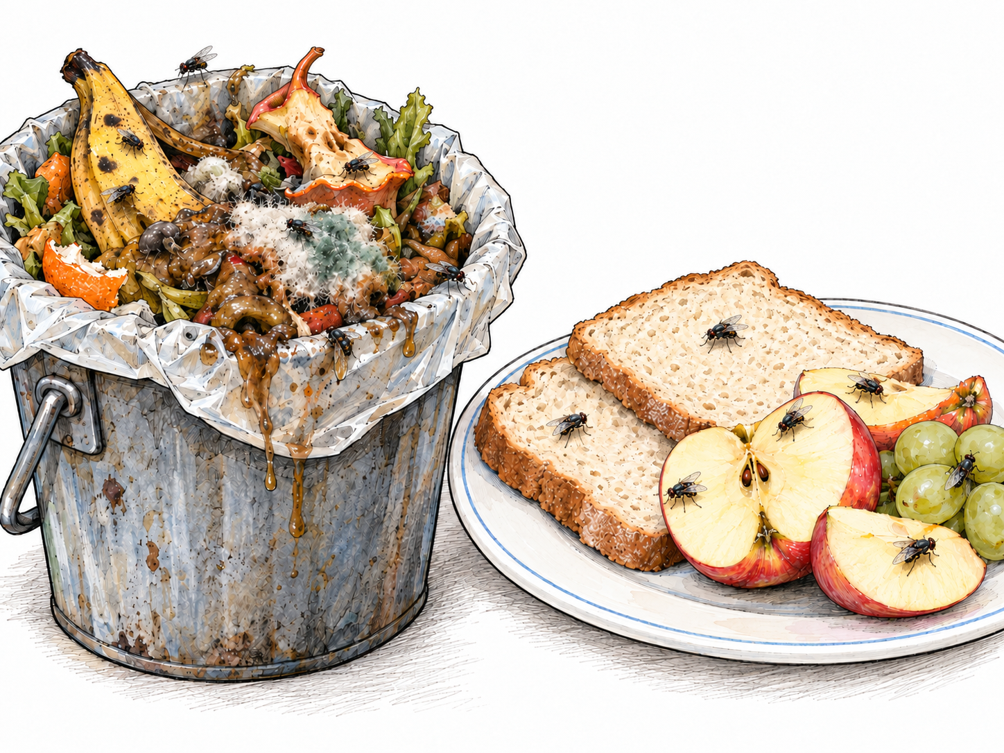 A fly-infested heap of rotting food in an overflowing refuse pail stands immediately beside uncovered bread and cut fruit; flies cluster on both the decaying waste and the ready-to-eat food, making the disease-spreading hazard visible.