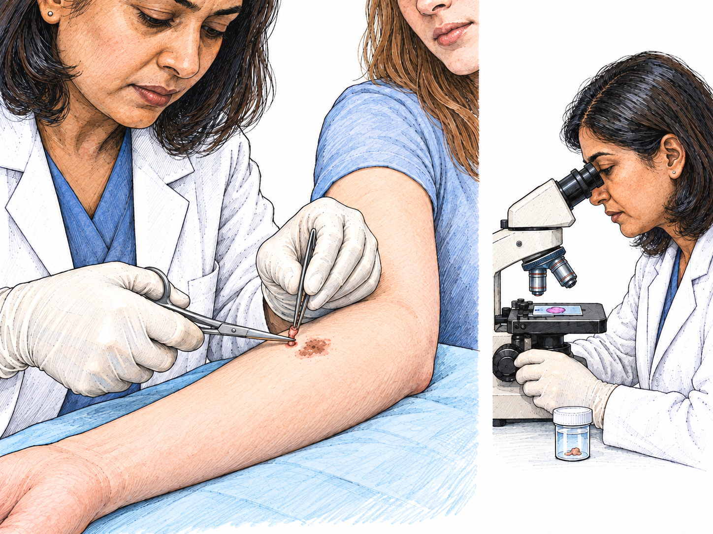 A close, two-stage clinical sequence shows a small skin-tissue sample being removed, followed by the same clinician examining a prepared tissue slide through a microscope.