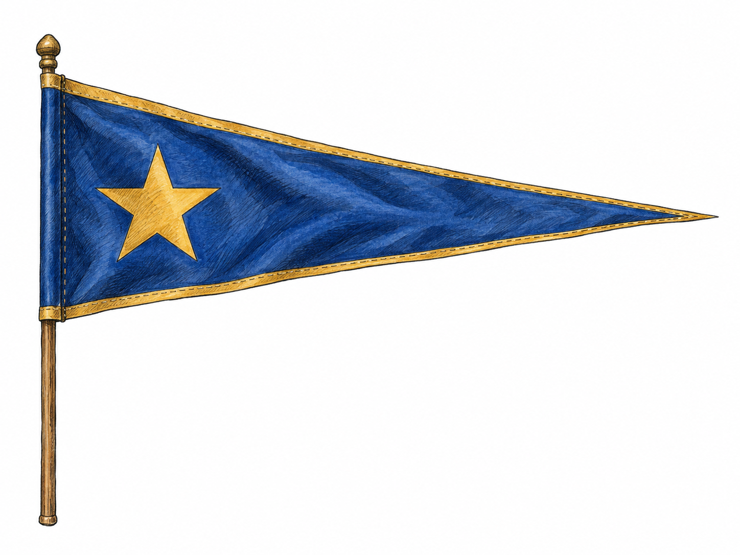 A single long, narrow triangular team pennant attached to a short pole, its tapered tip extended sideways and a simple nonverbal team emblem near the hoist.
