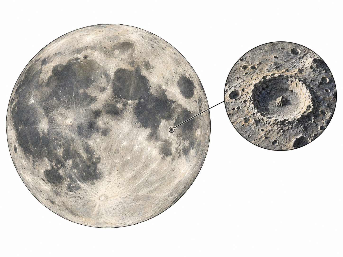 A large, clearly recognizable Moon with visible dark maria and cratered highlands, accompanied by a restrained enlarged detail of its cratered surface to emphasize lunar features.