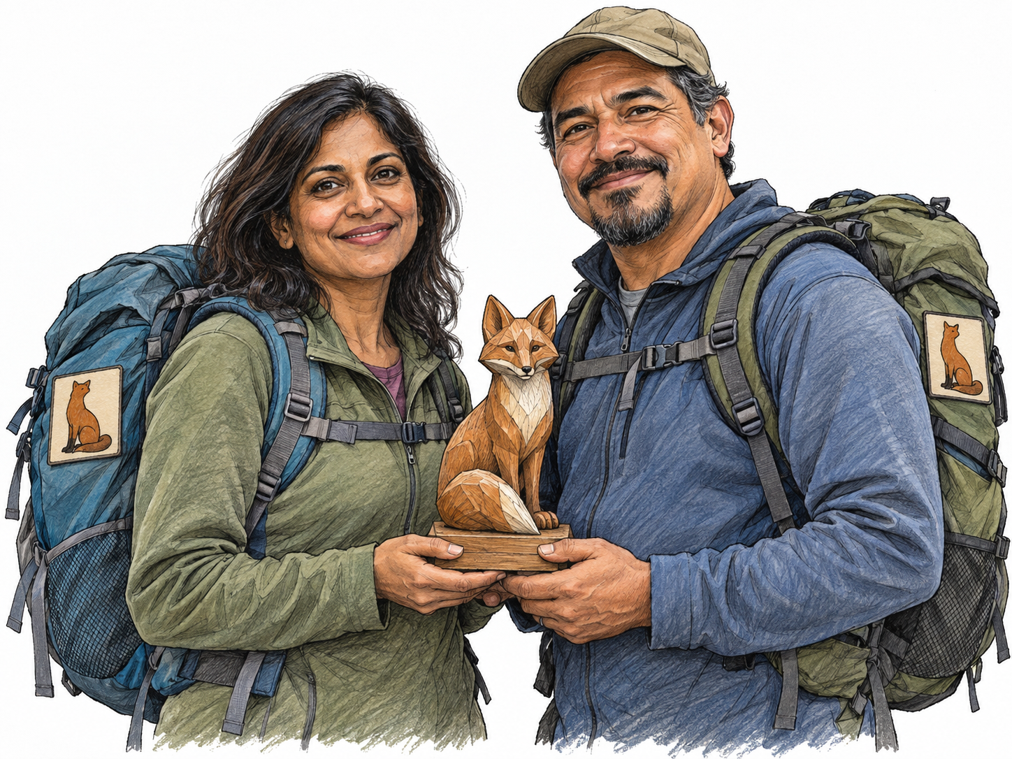 Two members of a hiking group jointly hold a small carved fox as their shared emblem; identical fox patches on their backpacks visibly connect the animal symbol to the group.