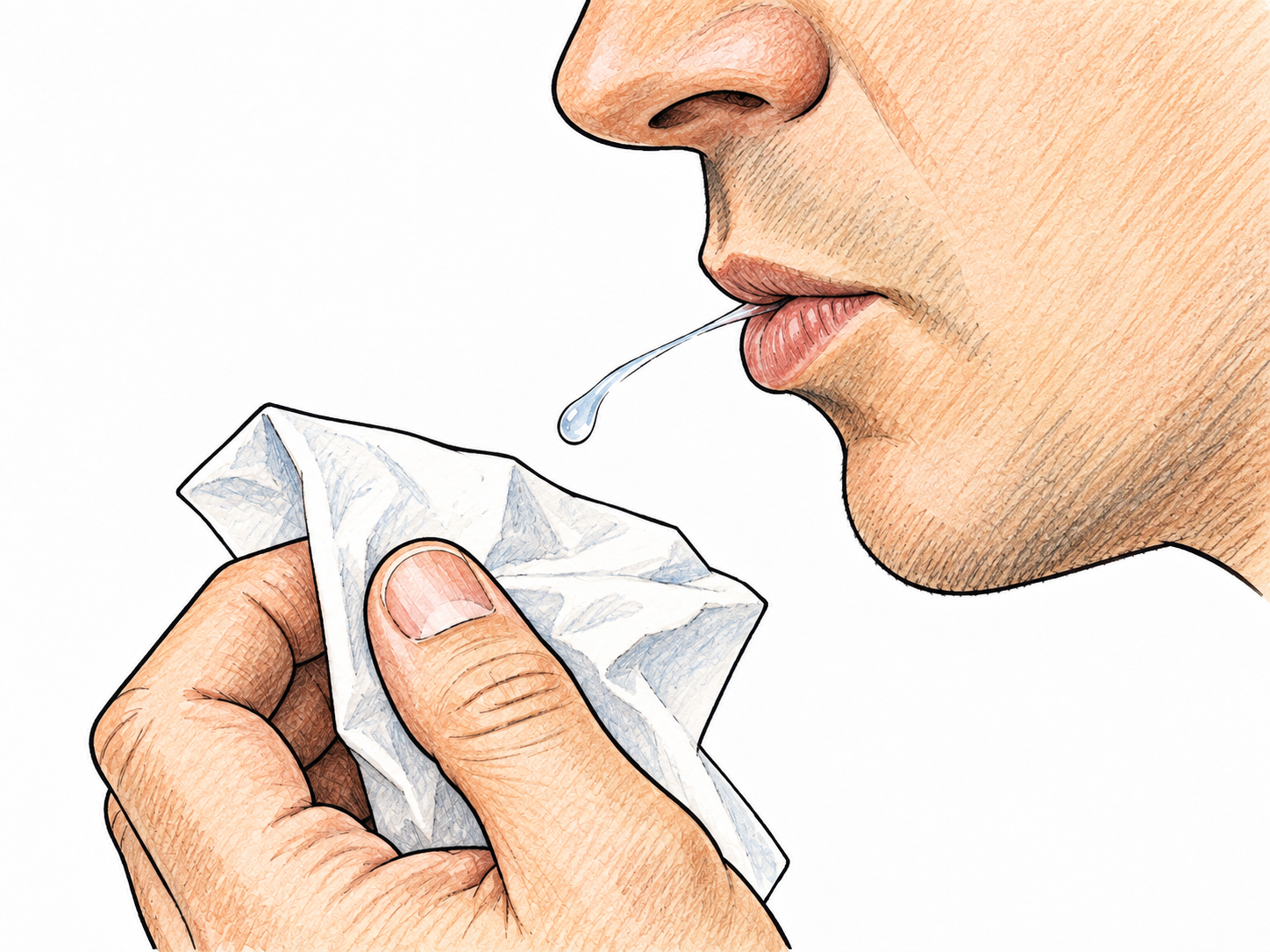 Close side view of an adult mouth with a tiny clear saliva droplet being expelled into a tissue held below; clean restrained depiction, no disgust or illness.