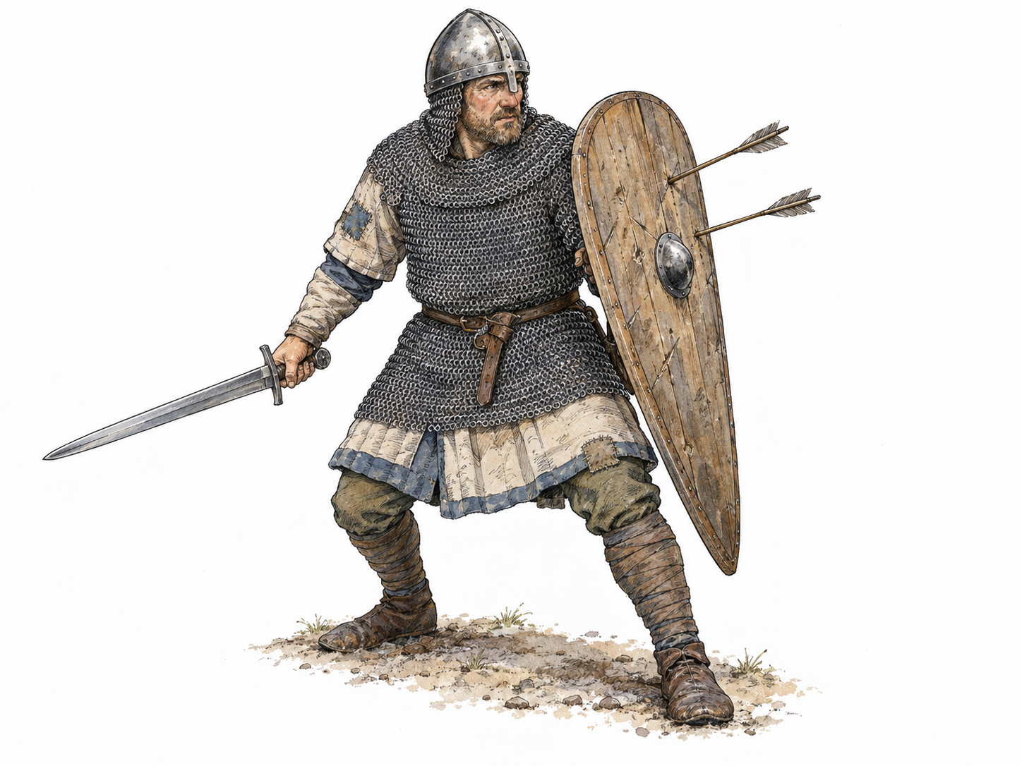 A battle-worn medieval foot warrior stands firm behind a raised shield struck by arrows, holding a sword ready.