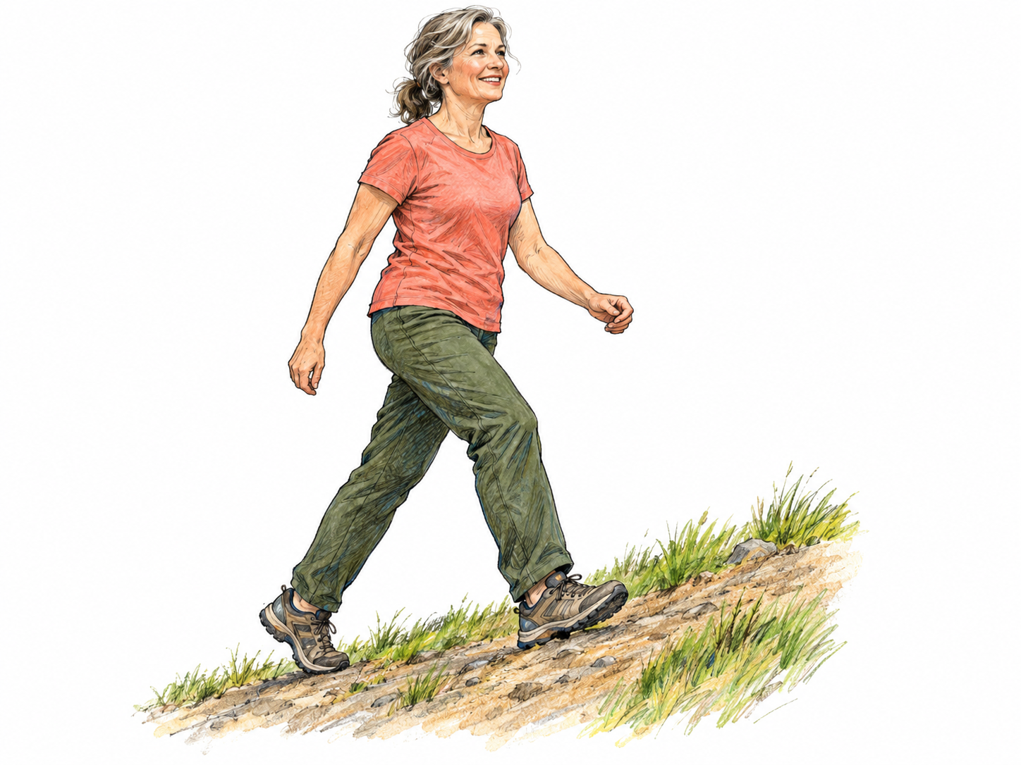 A cheerful, vigorous middle-aged woman strides uphill on a short walking trail, her upright posture, springy step and relaxed smile visibly conveying good physical condition and high spirits.