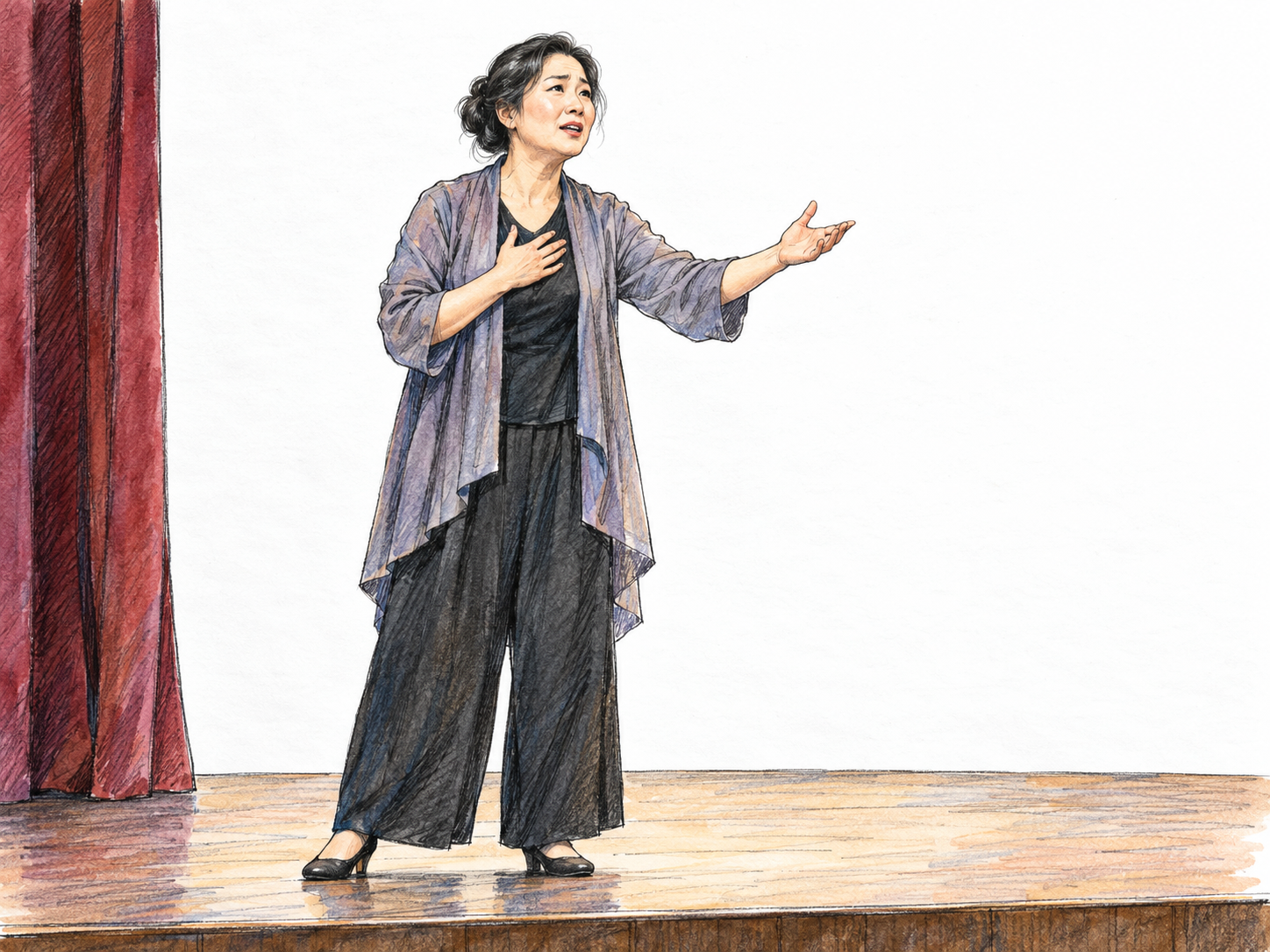 A stage actor delivers a dramatic monologue on a small contemporary theater stage, one hand extended toward the unseen audience.