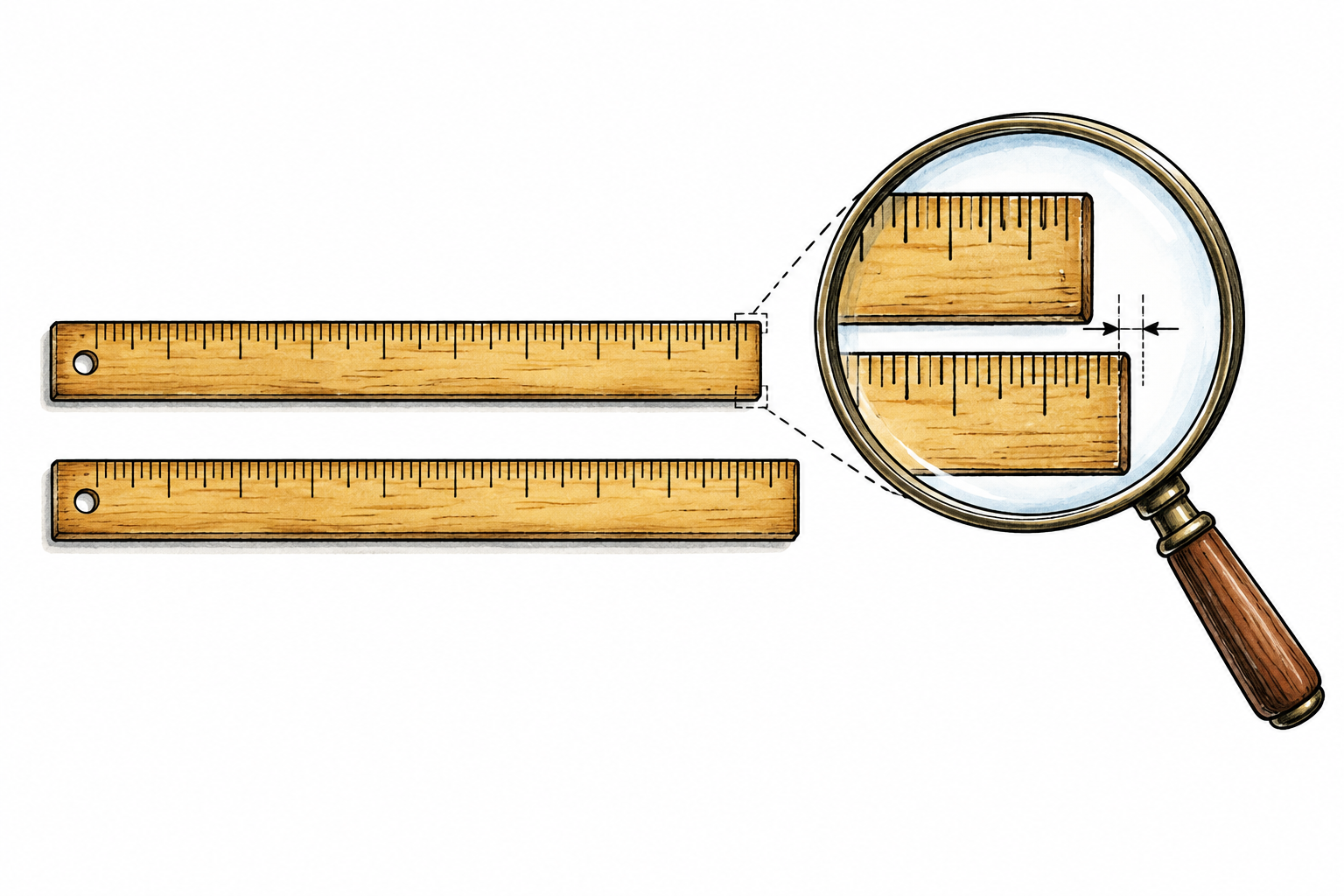 Two almost identical measuring bars, one just a tiny sliver longer, a magnifying glass highlights the minimal difference, no numbers.